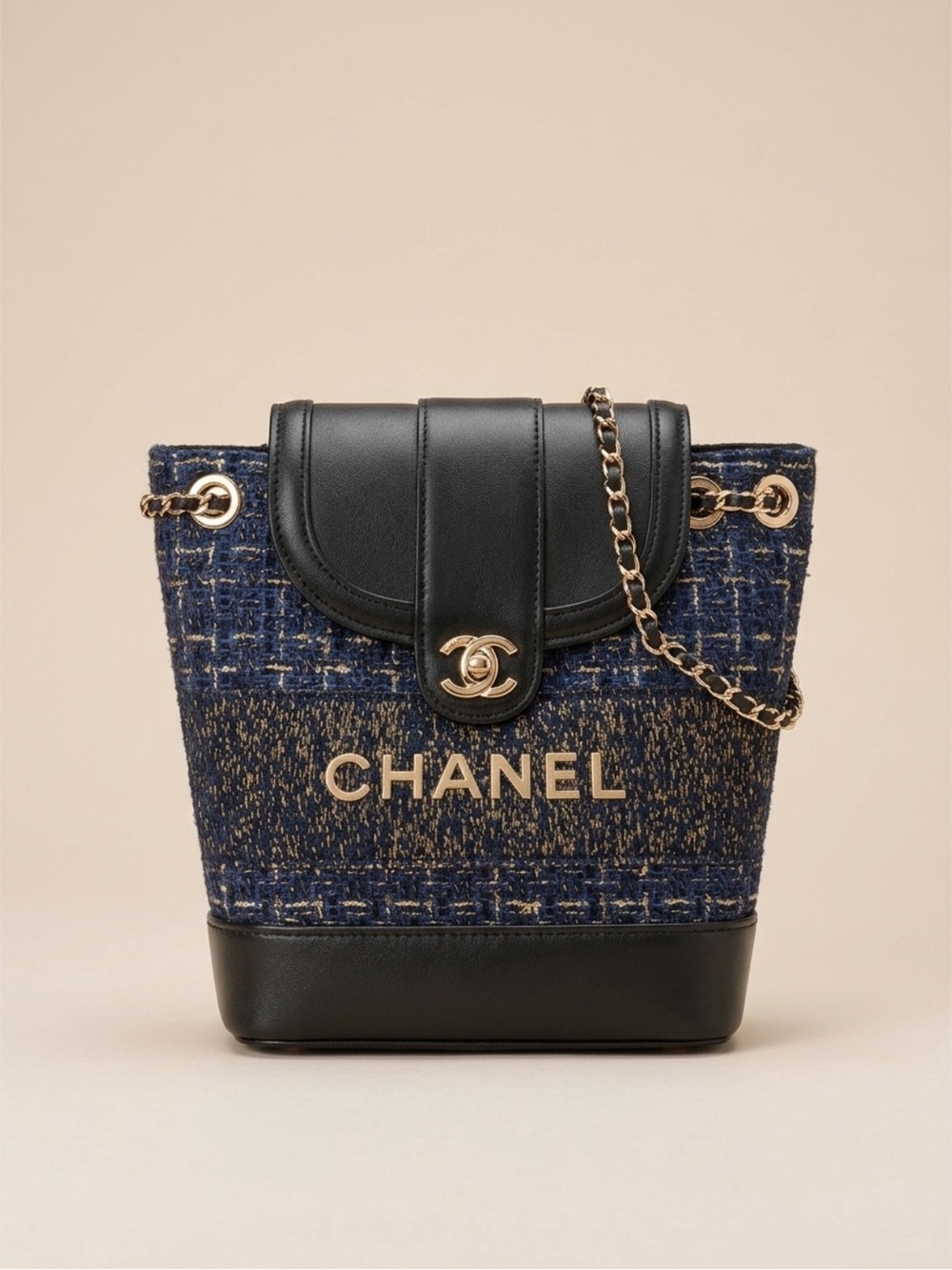 CHANEL GWP Blue Tweed & Black Leather Chain Backpack Bag